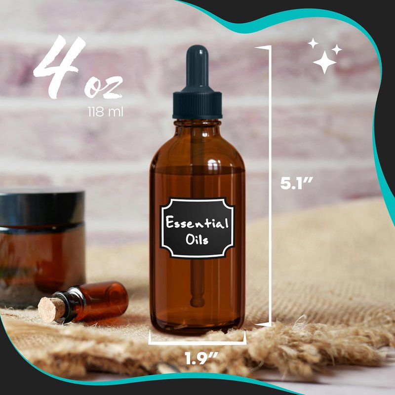 Amber Glass Dropper Bottles - 4 Oz Tincture Set with Droppers, Funnel, Brush & Labels | 48 Pack