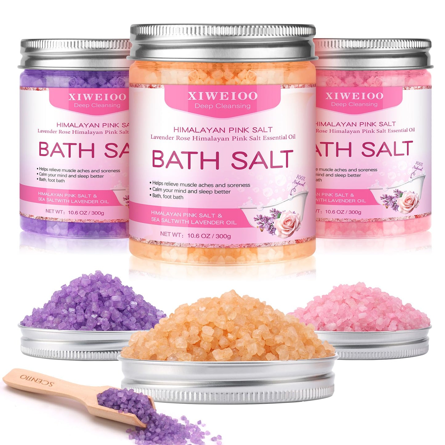 XIWEIOO Bath Salts for Soaking Himalayan Pink Bath feet soka sea Salt 3 Set Kit Lavender Orange Rose Scent Epsom Salt Tea Tree Oil Natural Soaking spa Set Christmas Gifts for Woman Mom Gifts Set