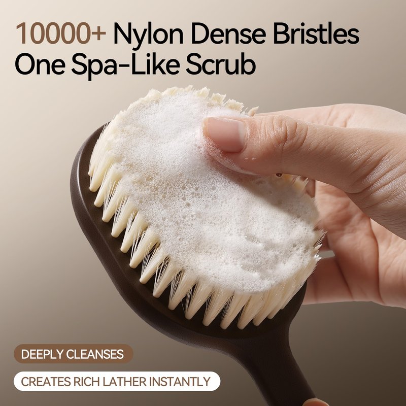 Back Scrubber for Shower for Men Women, Body Brush with Long Handle, Exfoliating Bath Washer with Soft Bristles for Wet or Dry Brushing, Back Scrub Deep Cleaning, Coffee Ground Infused