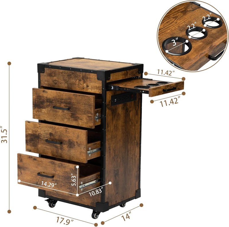 Rolling Station for Hair Stylists - Salon Trolley Cart with Power Outlets | Rustic Brown Storage Solution