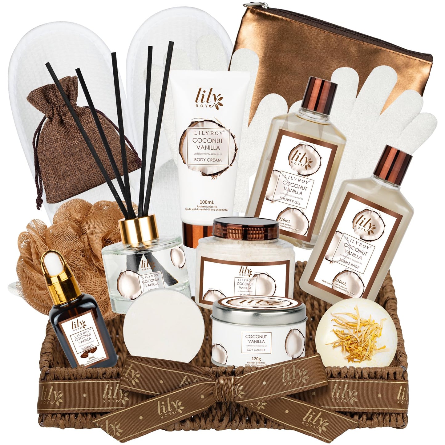 Coconut Vanilla Spa Gift Basket for Women & Men – 17-Piece Relaxing Bath & Body Set with Shower Gel & Reusable Basket, Premium Self-Care Gift for Mom, Birthday, Mother's Day, Father's Day, Christmas