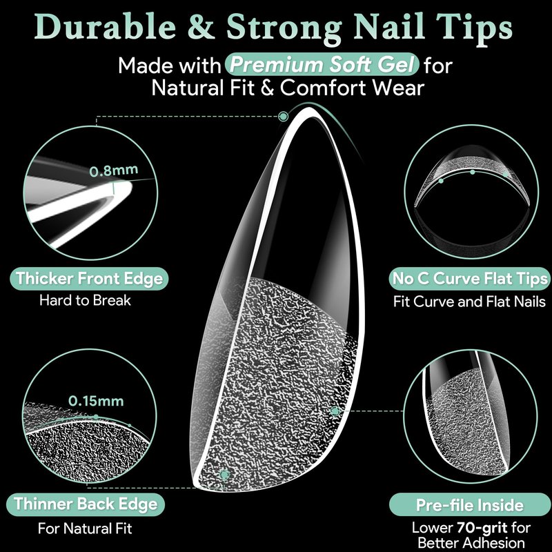 Medium Almond Nail Tips, 216pcs Acrylic Fake Nails Gel Nail Tips Soft, Full Cover Pre-Shaped Matte Clear Press on Nails for Extension, Diy at Home Manicure 12 Sizes