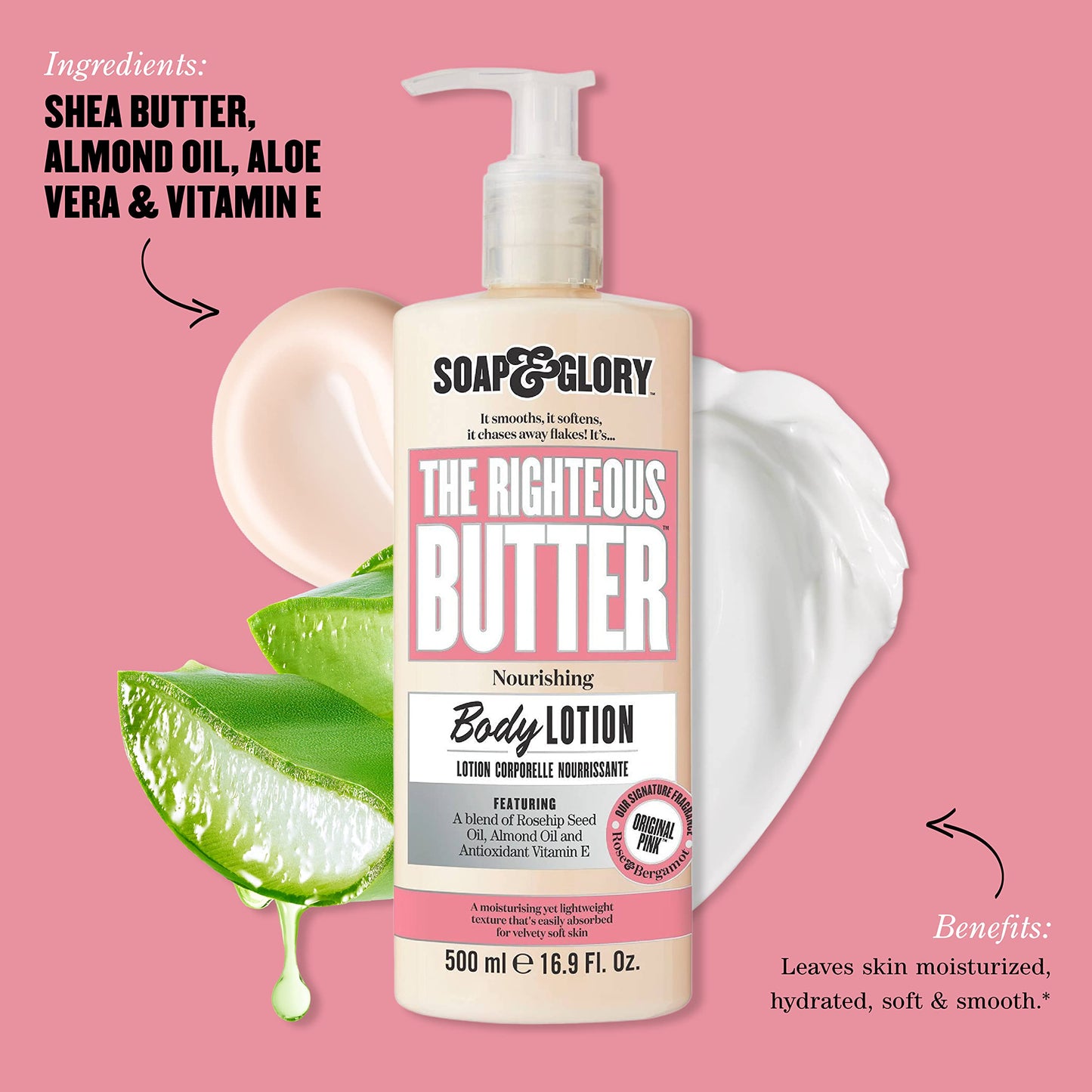 Soap & Glory Original Pink Moisturizing Body Lotion Pump - Lightweight Body Moisturizer for Dry Skin - With Shea Butter, Vitamin E & Aloe Vera for Soft, Hydrated Skin - Rose & Bergamot (16.9 fl oz)