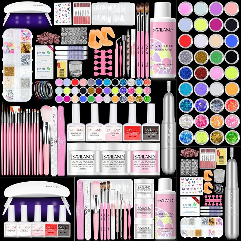 SAVILAND Acrylic Nail Kit - Professional Set with UV Light, 3 Gel Polish Colors & Tools for Home Salon