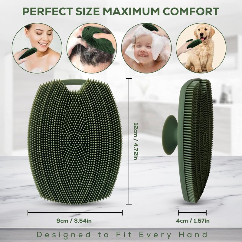 LauTus1 Silicone Body Scrubber — Suction Cup Mount & Hook, Gentle Exfoliating Shower Brush, Soft Loofah Alternative for Men, Women & All Skin Types — Sage Green