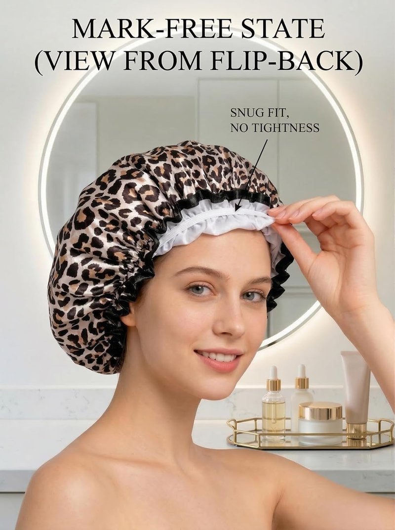 Aquior Shower Cap - Reusable Waterproof Leopard Print Hair Cap | Dual Layer Ruffle Edge for Long Hair