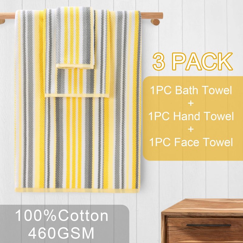 Bath Towels with Hanging Loops, 3PC Striped Towels - 100% Cotton, Quick Dry, Soft, Absorb & Lightweight, 1 Bath 28"x52", 1 Hand 16"x27", 1 Washcloth 13"x13", Shower Towel Decorative Set, Yellow + Gray