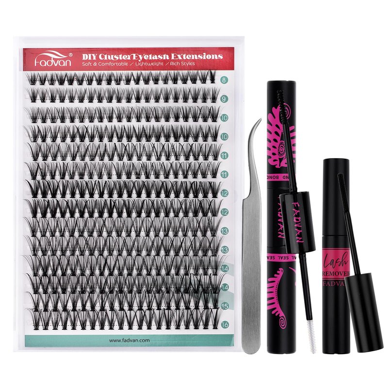 FADVAN Lash Extension Kit DIY 280pcs Individual Lash Clusters Kit 30D Natural 8-14mm Cluster Eyelash Extensions Kit with Lash Bond and Seal, Lash Tweezers for Self Use (30D, 0.07D, 8-14mm, Kit)