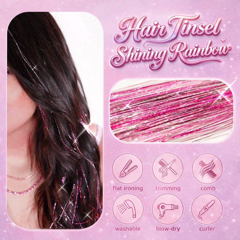 Pink Hair Tinsel, 8 Pcs Fairy Hair Tinsel Kit for Girls Women 48 Inch 3200 Strands with Tools Hair Accessories Glitter Tinsel Hair Extensions for Party Festival Christmas (Pink)