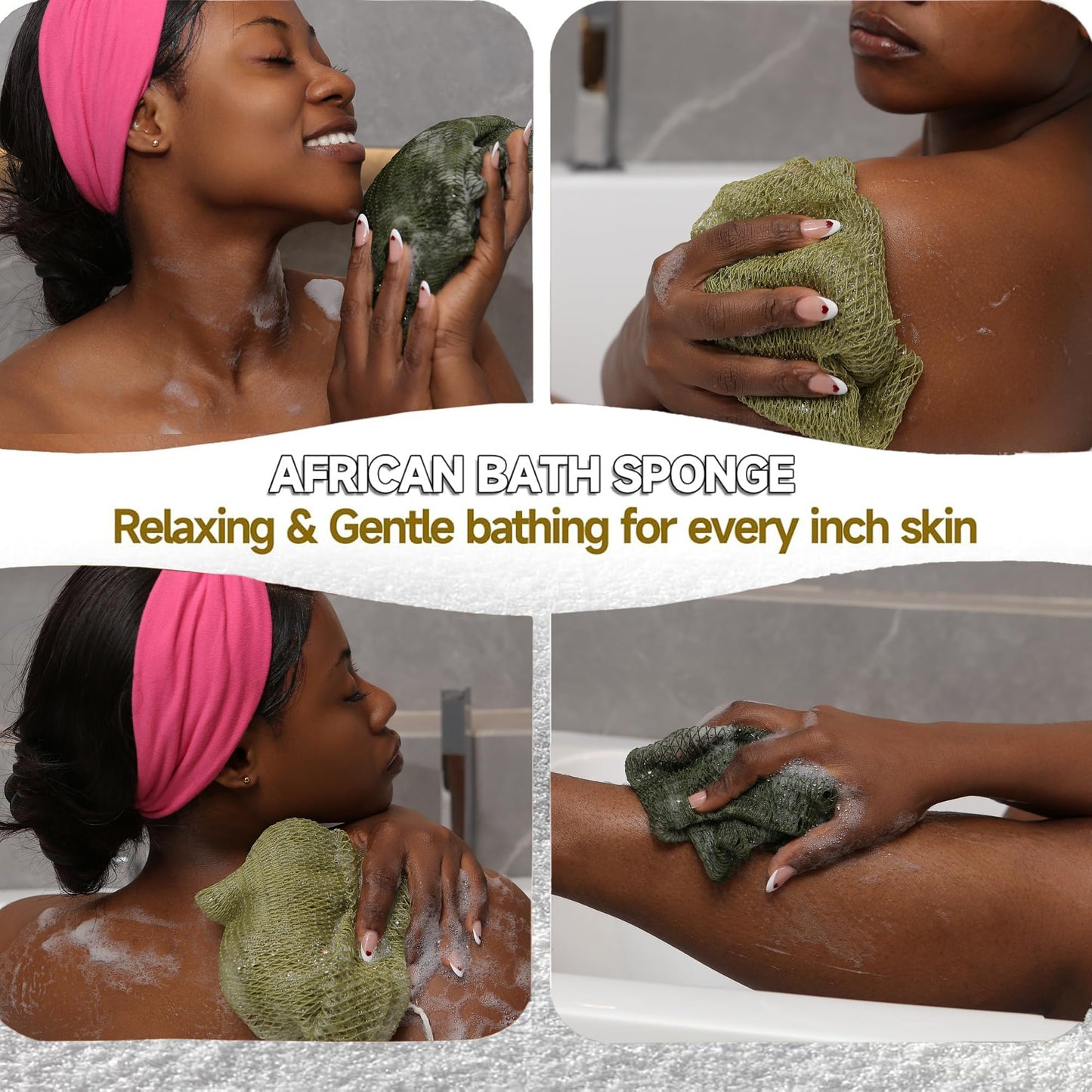 SubSahara Authentic African Net Sponge - 2 Pack Exfoliating Bath & Shower Loofah Sponge for Body & Face, Gentle Scrubber for All Skin Types, Travel, Durable Polyester (Olive Green & Light Green)