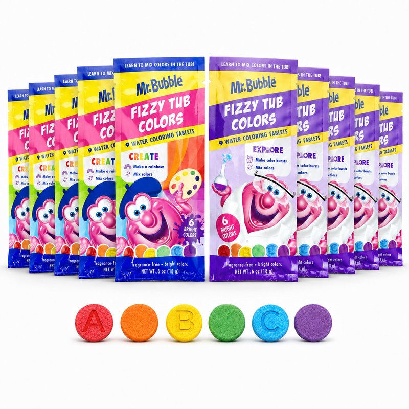Mr. Bubble Fizzy Tub Colors Bath Water Coloring Tabelets, 6 Bright Colors, Red, Orange, Yellow, Purple, Blue and Green, Fragrance Free (12 Packets, 9 Tablets Each)