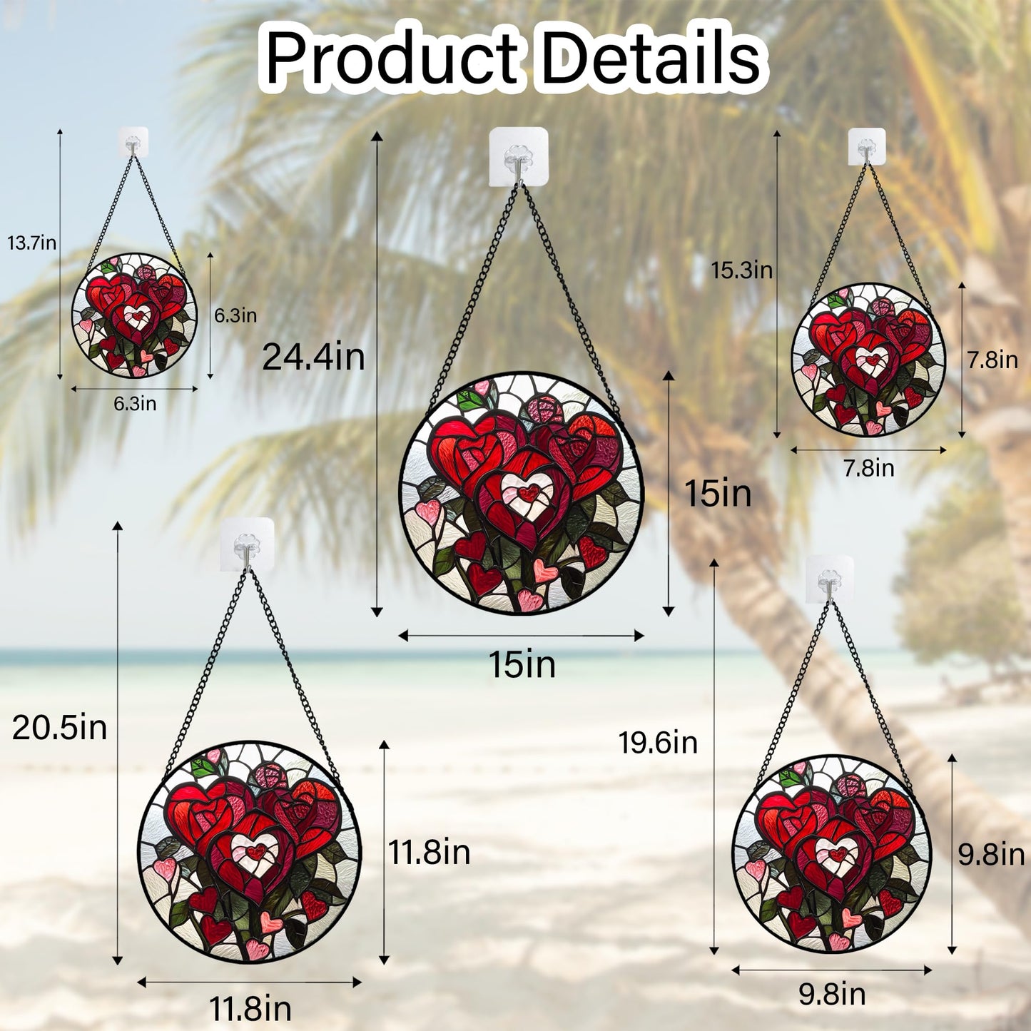 QZQCBLC Stained Glass Window Hanging Red Heart-Shaped Roses 7.8" - Flower Suncatcher Door Garden Sun Catcher Decor Birthday Anniversary Valentines Day Gifts for Woman Wife Men Her Him Lovers