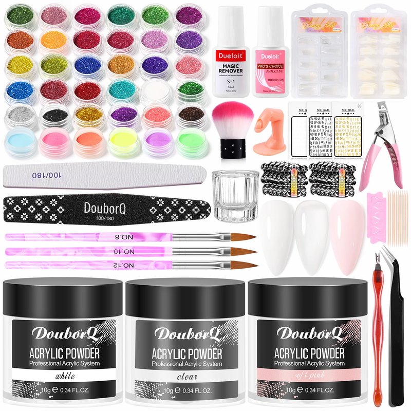 Skiennix Acrylic Nail Kit - Clear White & Pink Powder with Files, Brushes, Tips | Starter Set for Home & Salon