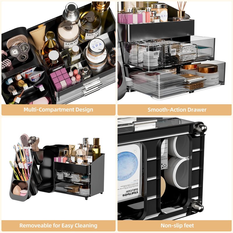 Makeup Organizer with Drawers for Vanity Bathroom Counter Organizers and Storage, Large Skincare Organizer with Brush Toothbrush Holder for Perfume, Nail Polish, Dresser, Office Supplies, Black