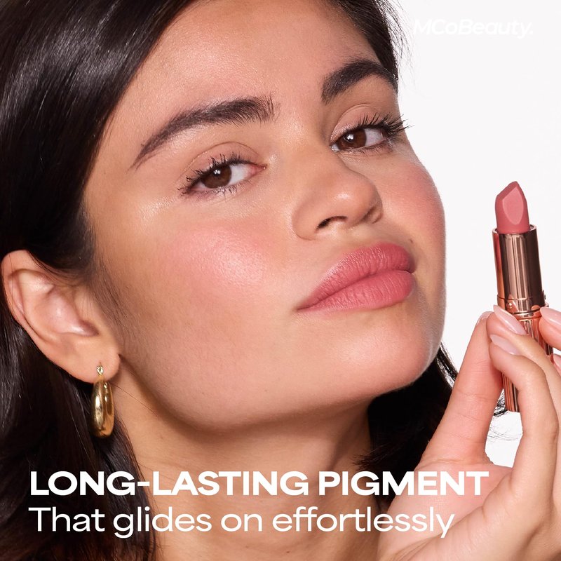 MCoBeauty Creme Matte Luxe Lipstick - Cheeky Chat - Nude Pink Long Wearing Hydrating Lip Color - Velvety Soft & Creamy Nourishing Bullet Lipstick for Smooth Shaped Lips - Vegan & Cruelty Free