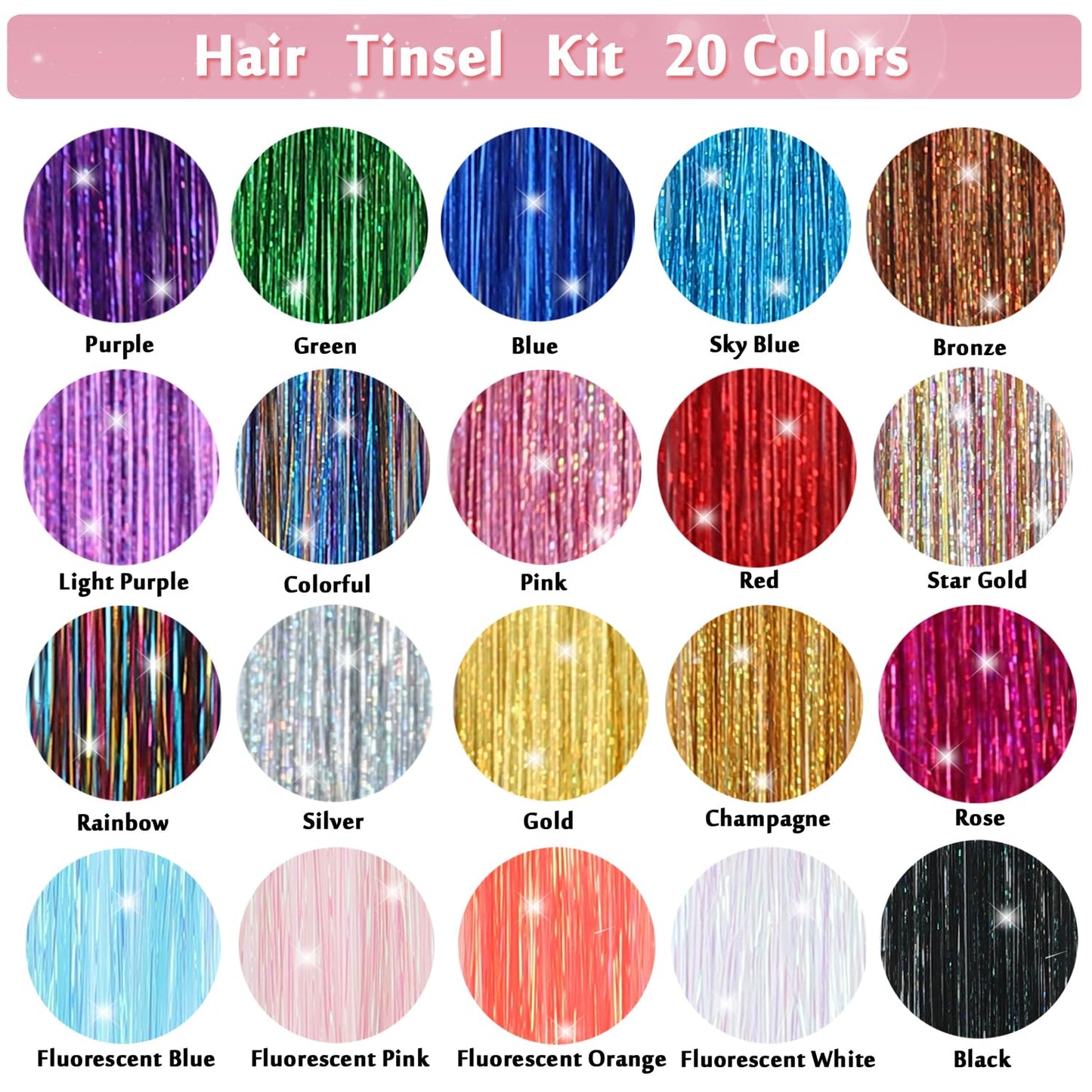 YUBTY Hair Tinsel, 20 Colors 8800 Strands Fairy Hair Tinsel Heat Resistant 48 Inches Glitter Tinsel Hair Extensions Highlights Sparkling Hair Tinsel Kit for Girls Women Hair Accessories Party Festival