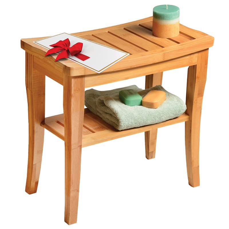Bambüsi Bamboo Shower Bench Spa Stool - Wood 2-Tier Seat, Foot Rest Shaving Stool with Non-Slip Feet + Storage Shelf - Seat or Organizer for Bathroom, Living Room, Bedroom and Garden Décor