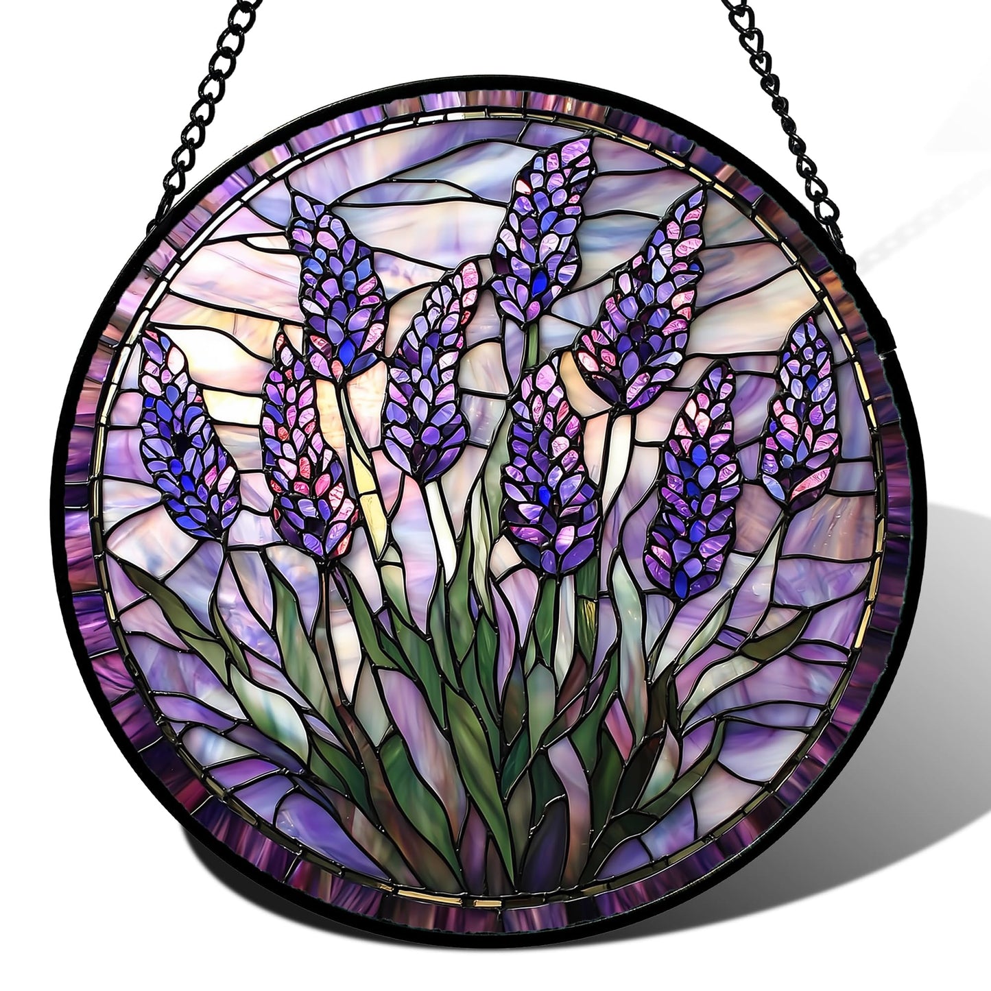 JOSUMALY Stained Glass Window Hanging - Purple Flowers Suncatcher for Door Terrace Garden Home Decor Lavender Plant Floral Sun Catcher Birthday Gifts for Lovers Women Men Dad Mom Nana 7.8 in
