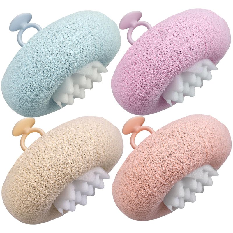FWUNYVN 4Pcs New Upgrade 2-in-1 Sunflower Bath Ball, Ultra Soft Bath Sponge Cleaning Brush, Suction Cup Bath Ball with Finger Rings,Exfoliating Shower Loofah Sponges(Pink+Blue-Green+Beige+Purple)