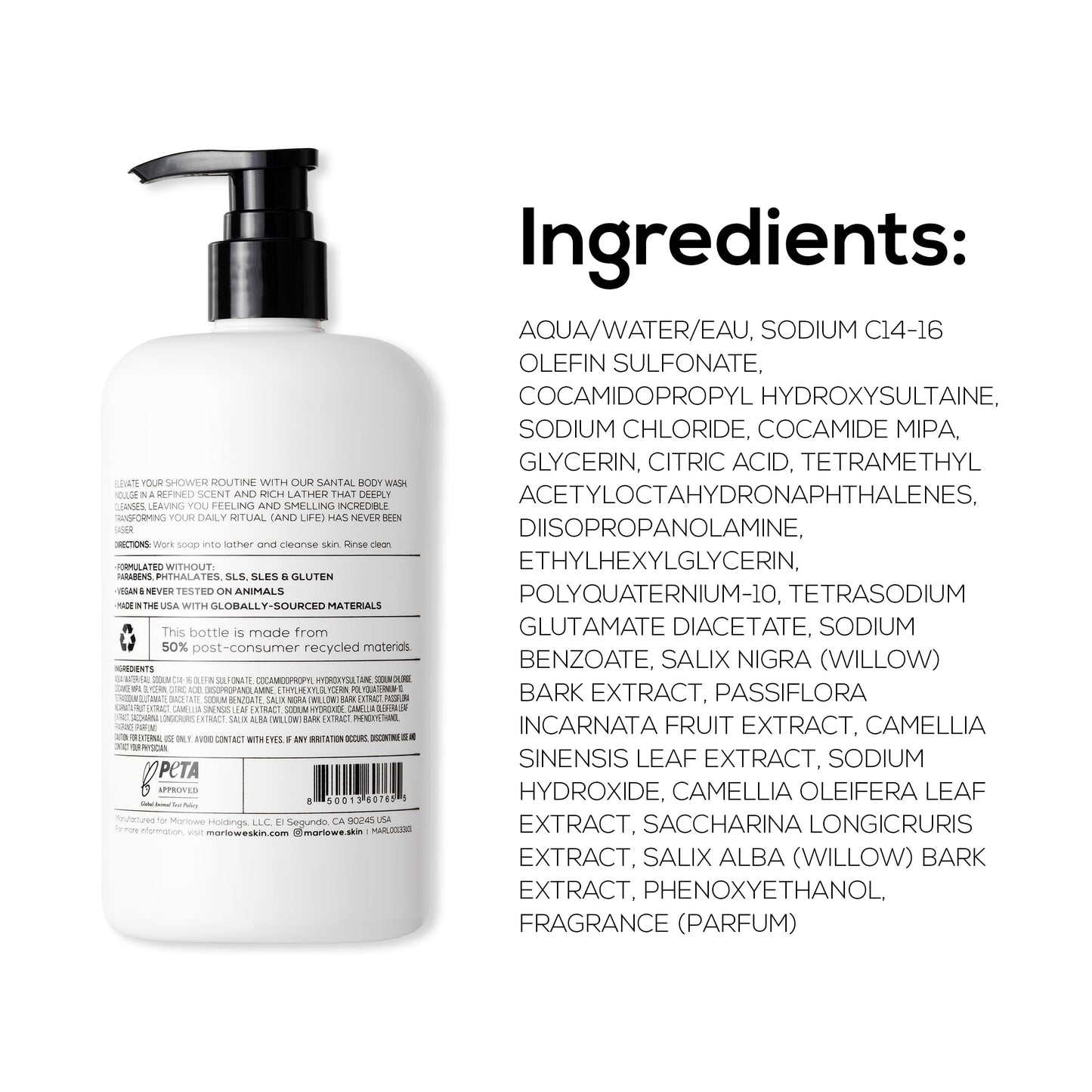 MARLOWE. Men's Body Wash, 15oz Pump, Energizing & Refreshing Shower Gel, Moisturizes, Nourishes, Clean Vegan Formula with Willow Bark & Green Tea Extracts, Warm Amber, Sandalwood & Citron Santal Scent