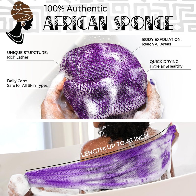 African Net Sponge Authentic - 2 Pieces Exfoliating Body Scrubber Bath Sponge - Loofah Washcloth Back Scrub for Shower Body Exfoliator - Face & Skin Care Bathroom Essentials for Women