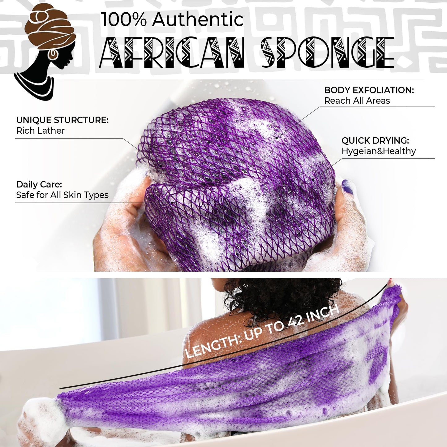 African Net Sponge Authentic - 2 Pieces Exfoliating Body Scrubber Bath Sponge - Back Scrubber Washcloth for Shower White&Purple - Real African Scrub Exfoliator Body Care Bathing Accessorie