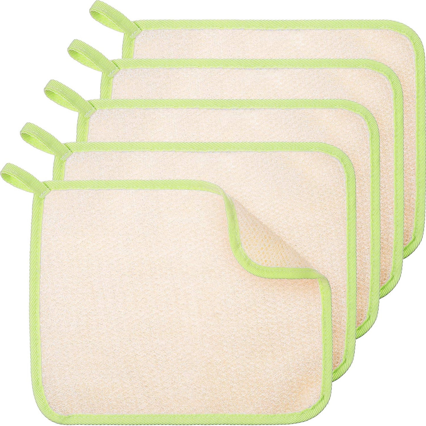 Tatuo 5 Pcs Exfoliating Face and Body Wash Cloths Towel Weave Bath Exfoliating Scrub Massage Bath Cloth for Women and Men, 10.23 x 8.66 Inch(Green Edge)