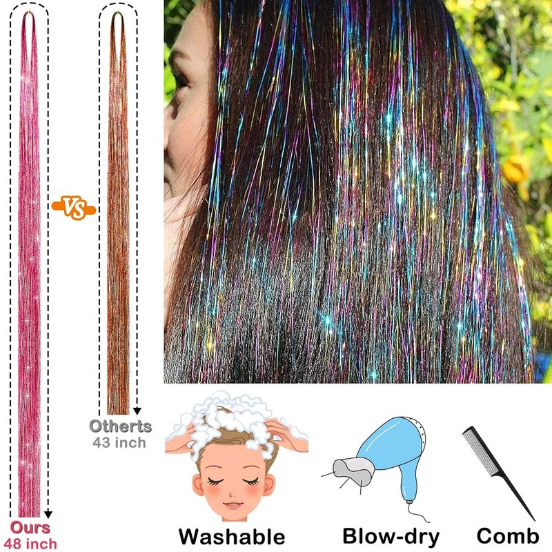 Hair Tinsel Kit (48 Inch, 24 Colors, 6000 strands), Tinsel Hair Extensions with Tools, Heat Resistant Glitter Hair Tinsel Kit for Women Hair Accessories