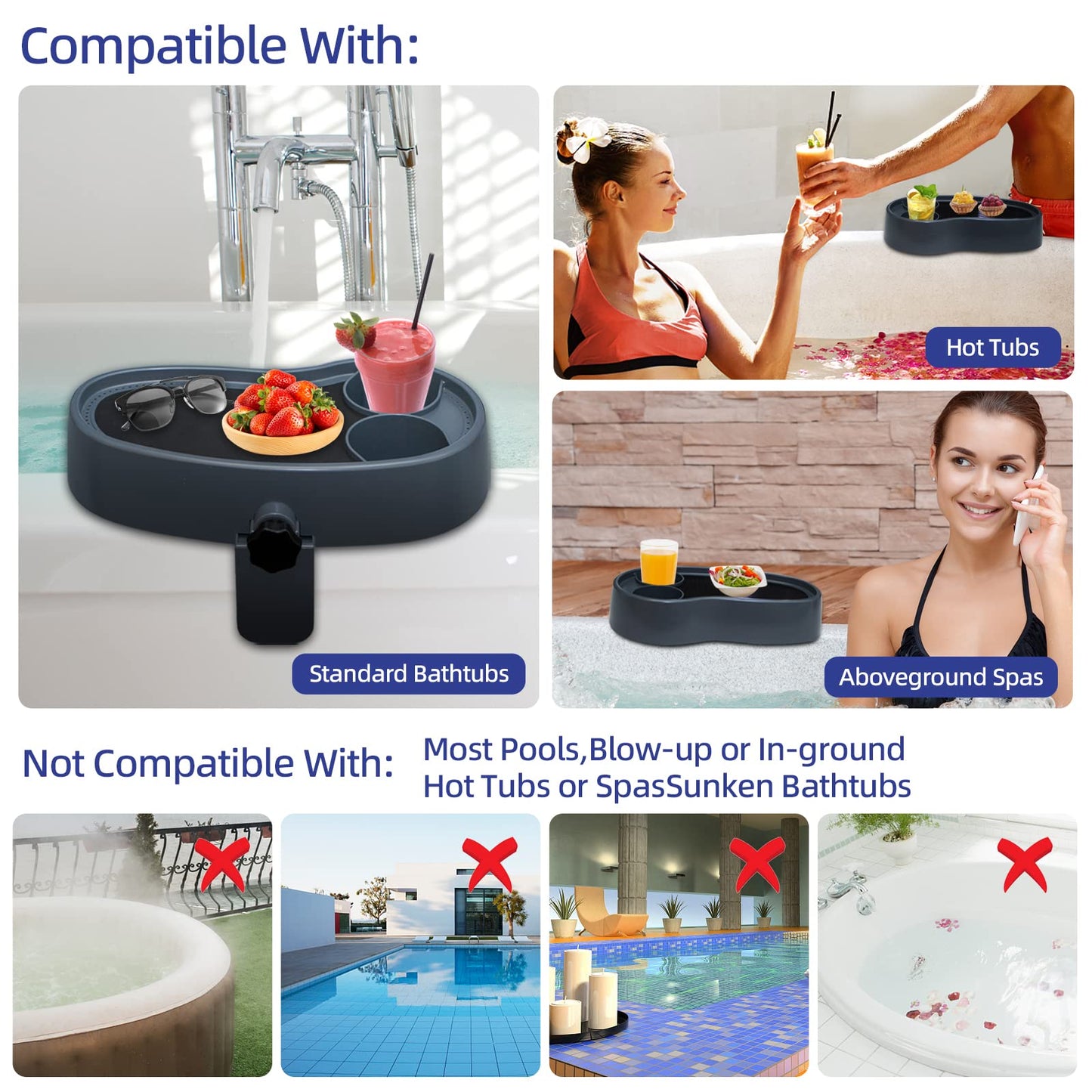 Treerit Adjustable Hot Tub Tray with 2 Cup Holders, Stable, Heavy-Duty, Nonslip Drink Holder for Aboveground Bathtub, Spa with Wall Thickness Of 2'' to 7.5''
