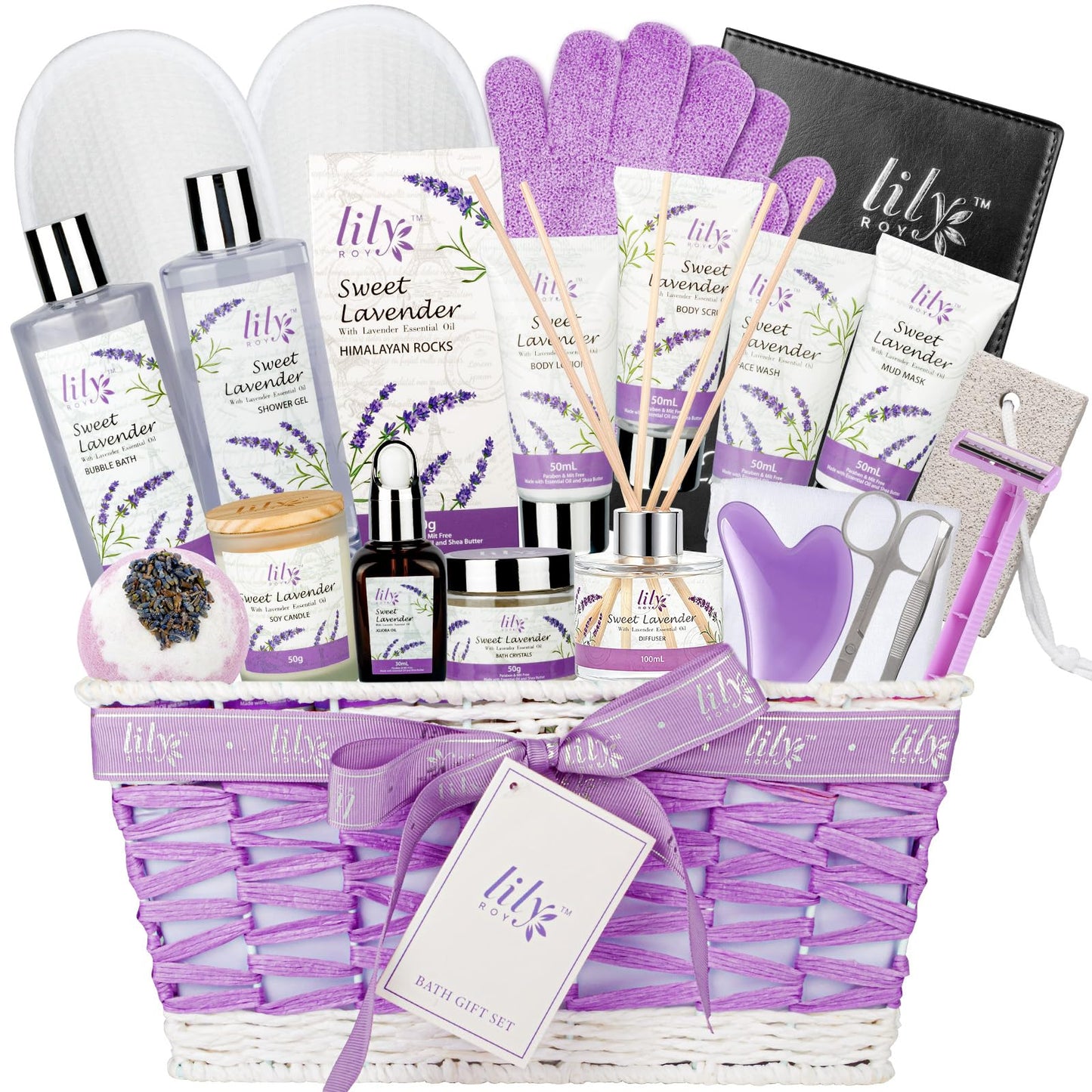 Gifts for Women, Birthday Gifts, 22 Piece Lavender Spa Gift Basket for Women, Mother's Day Gift Basket for Mom - Bath and Body Skin Care Set for Women, Spa Kit | Valentines Day Gift, Christmas Gift