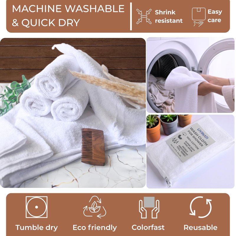 LIVINATI Thick White 100% Cotton Wash Cloths for Showering Body and Face - 12"X12" 6 Pack Washcloths - Small Terry Towel Bath Rags for Adults and Kids Bathroom - Soft Absorbent
