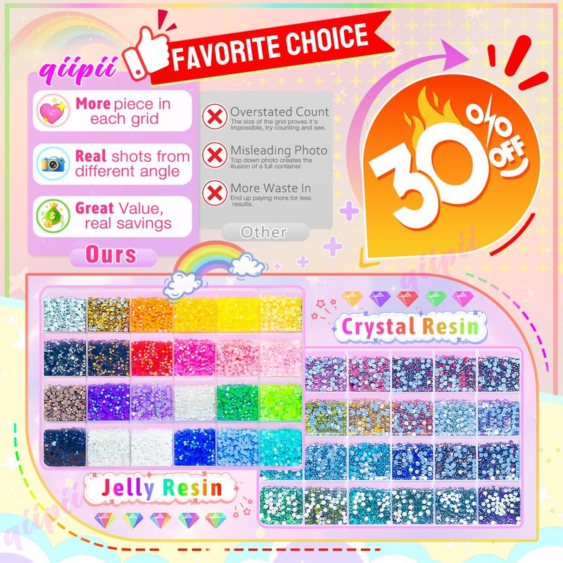 qiipii 48 Color 3mm SS10 Jelly AB & Crystal Colorful Resin Rhinestones for Bedazzling Crafting Flatback Stones Gems Diamonds Bedazzler Kit for Nails Eyes Face Makeup Tumblers Bottles DIY Crafts Shoes