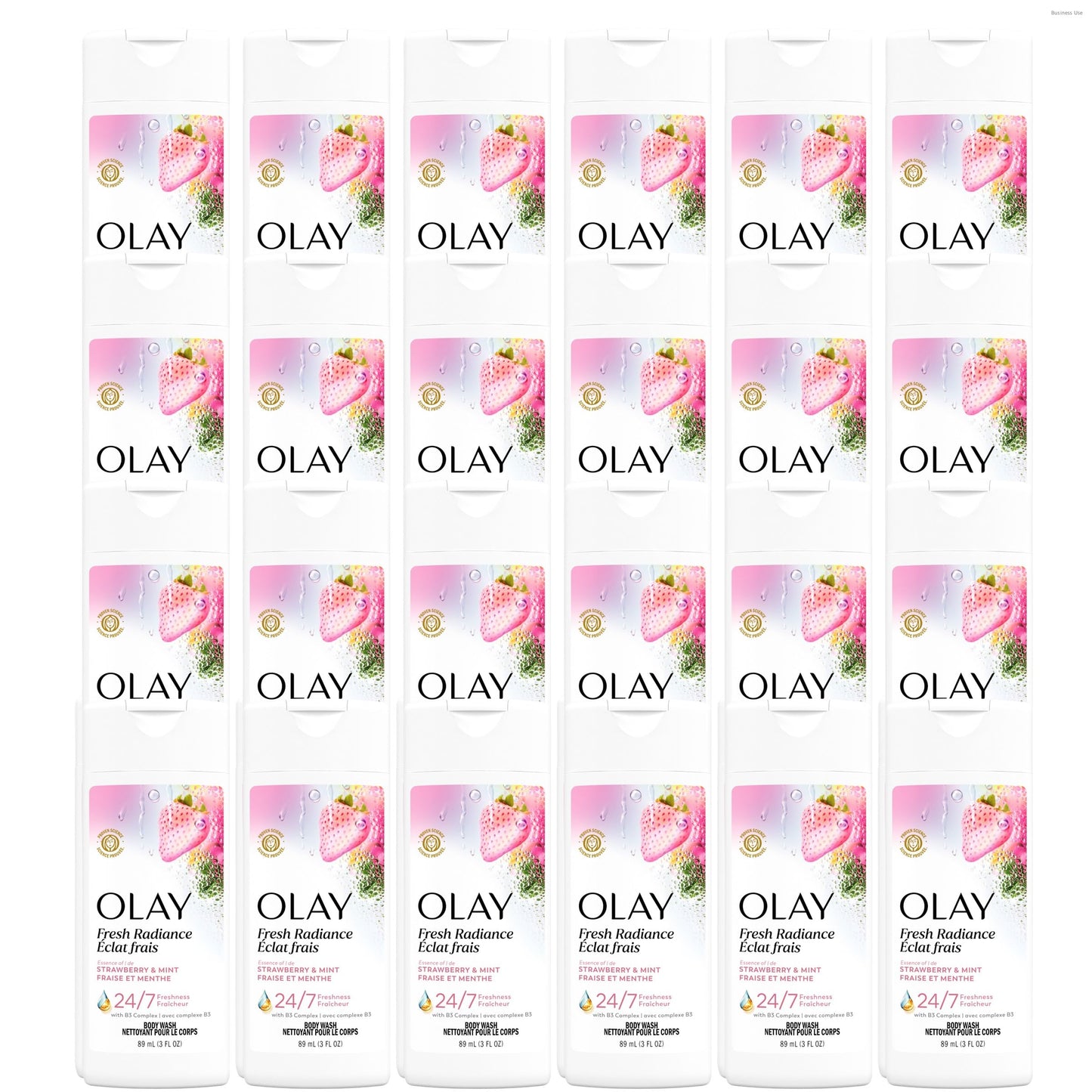 Olay Body Wash for Women, Fresh Radiance, Refreshing & Renewing, Made with Plant Based Cleansers, B3 Botanical Complex, For All Skin Types, Strawberry & Mint Scent, 3.0 fl oz (Pack of 24)