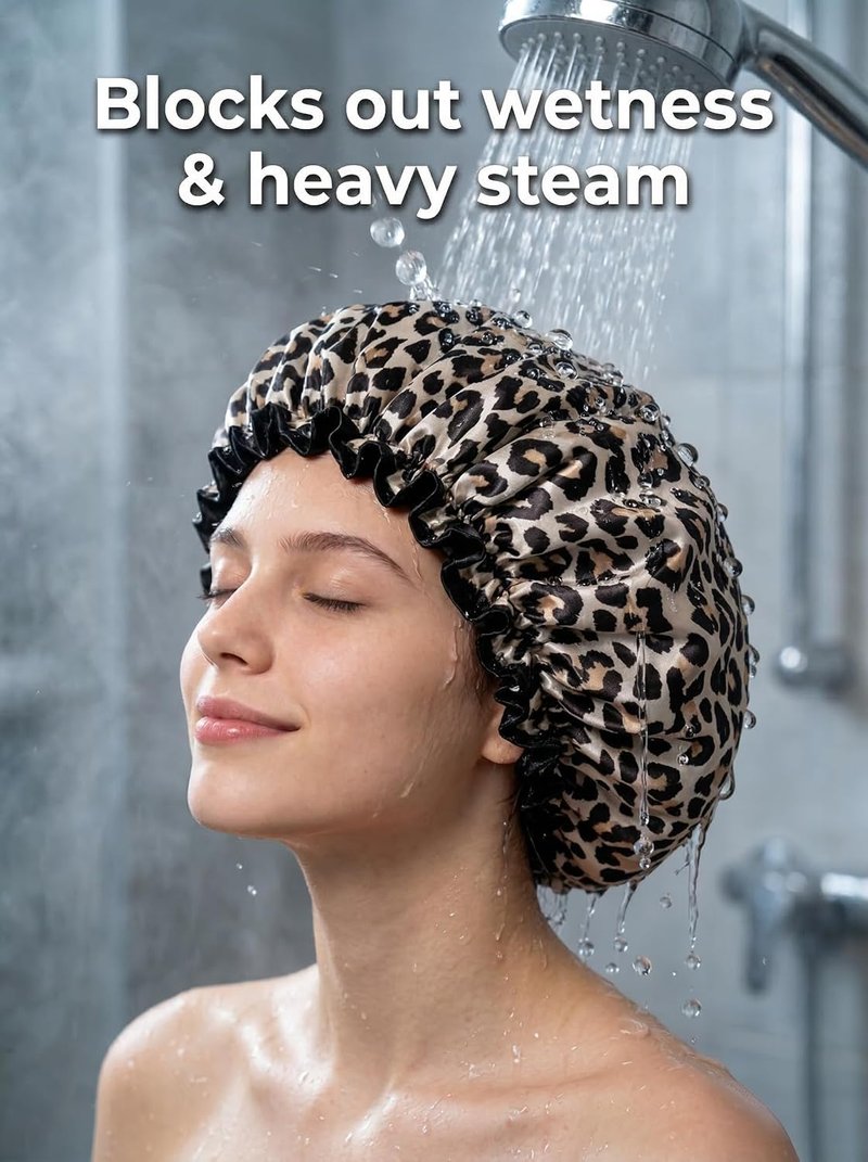 Aquior Shower Cap - Reusable Waterproof Leopard Print Hair Cap | Dual Layer Ruffle Edge for Long Hair
