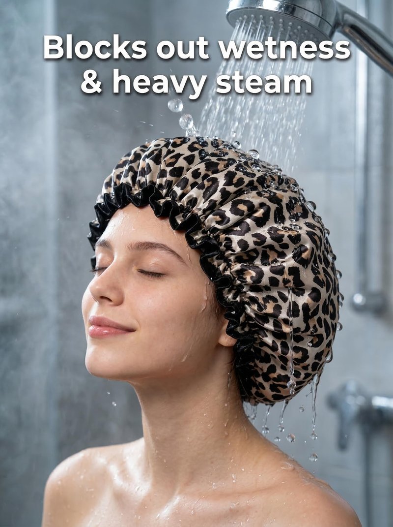 Aquior Shower Cap, Reusable Waterproof Leopard Print Hair Cap,Dual Layer Large Ruffle Edge for Long Hair, Ideal for Shower, Skincare, Cooking, Spa and Travel Use