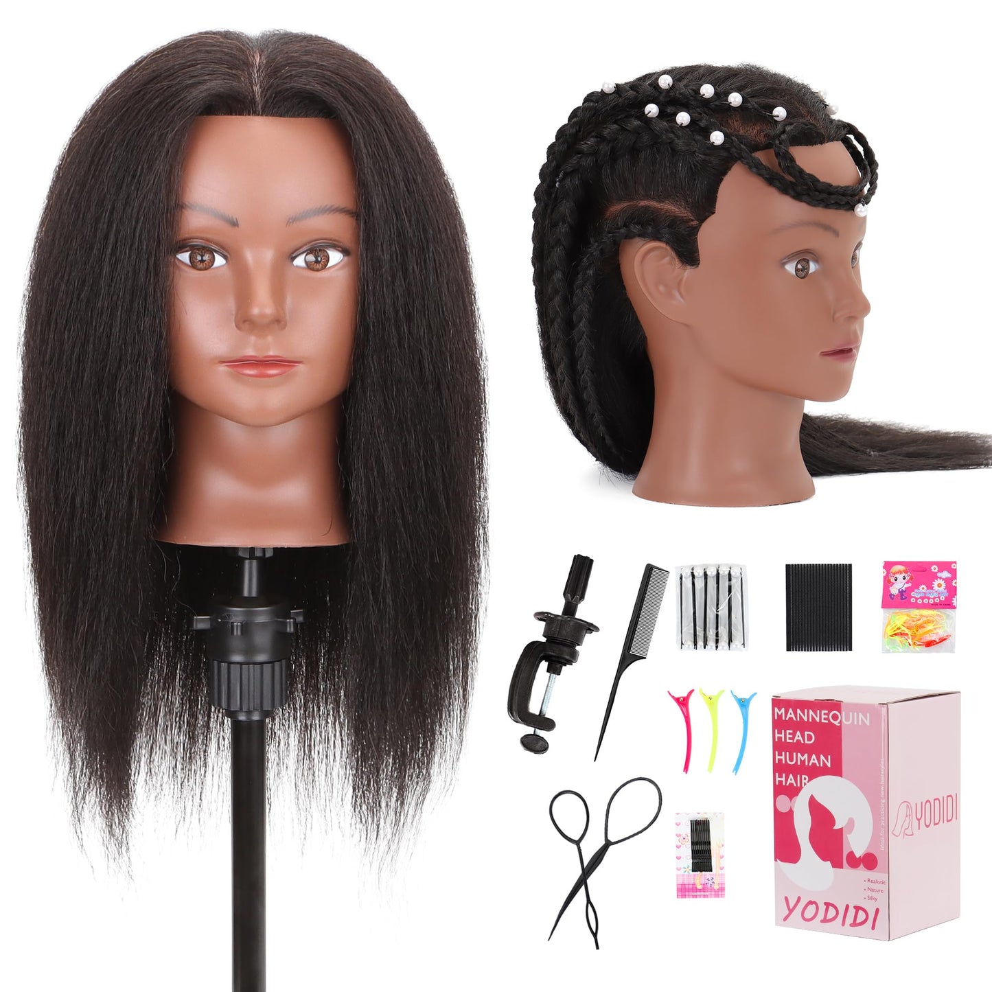 YODIDI Mannequin Head with 100% Human Hair, Manikin Head Human Hair Cosmetology Doll Head for Hair Styling Hairdresser Practice Braiding with Table Clamp Stand and Tools (14 inch)
