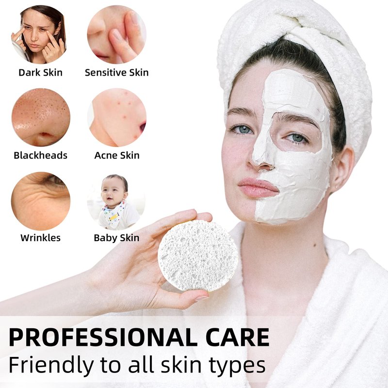 60-Count Compressed Facial Sponges|100% Natural Kickleen Cellulose Cosmetic Spa Sponges for Daily Facial Cleansing|Makeup and Mask Removal | Exfoliating | Skin Massage | Pore Exfoliation(White)