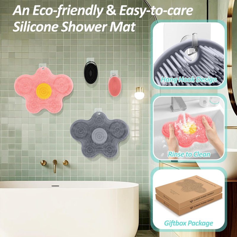 GEENOA Upgrade Silicone Shower Foot Scrubber Mat & Silicone Bath Brush Set, Large Wall-Mounted Back Scrubber Back Washer to Clean, Exfoliate and Massage Without Bending(Pink+Soft Brush)