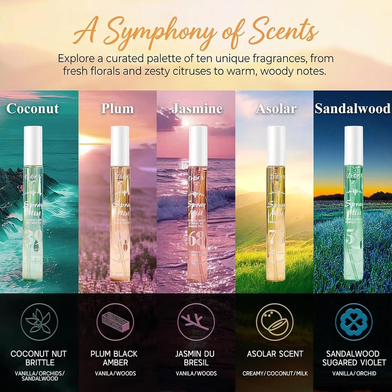 Hair Perfume Fragrance Mist, Perfume for Women, Travel Size Perfume Set with 10 Scents, Long-Lasting Fresh Fruity Spray, Ideal Gift for Christmas, Valentine’s Day, Mother’s Day