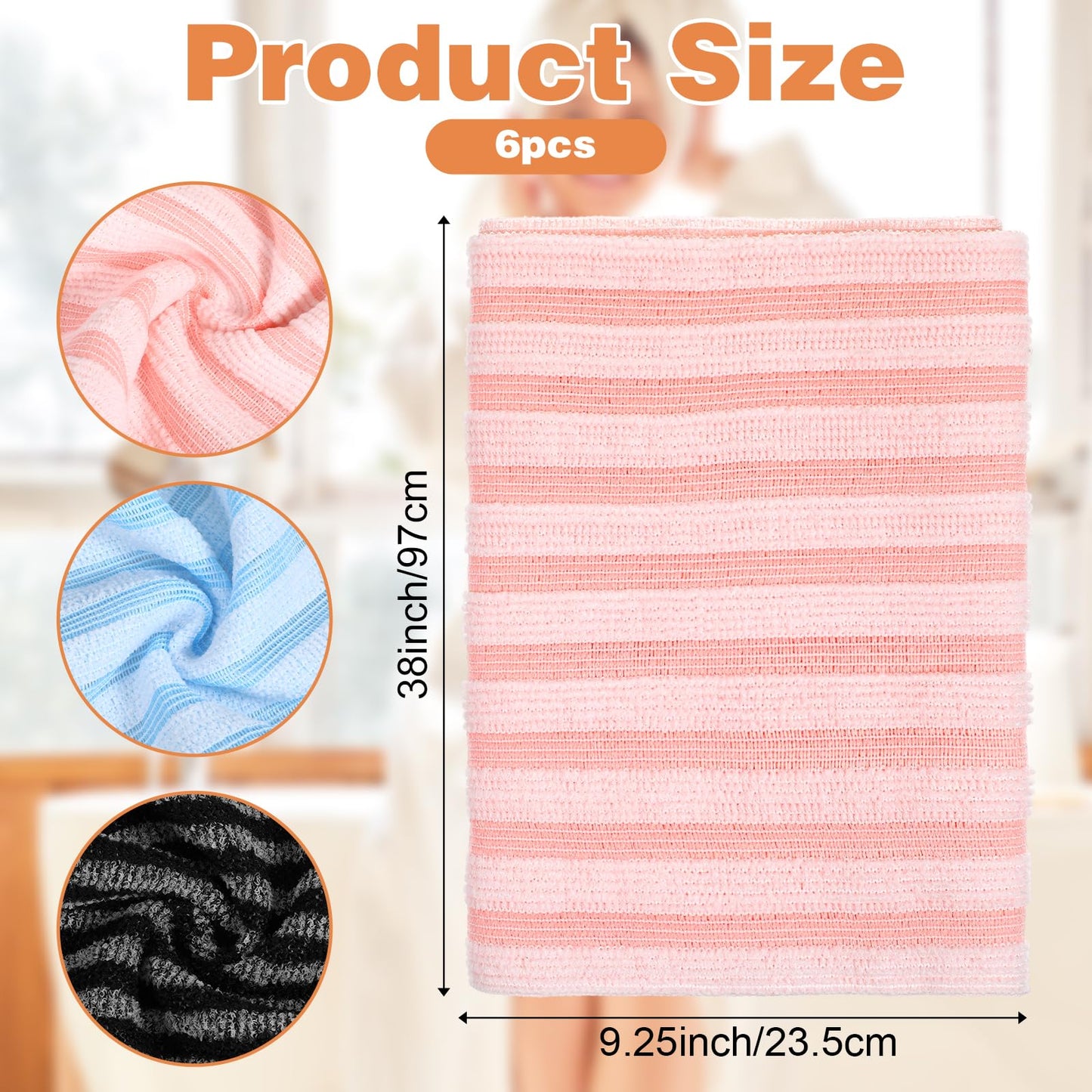 Exfoliating Shower Towel, 38 Inches Scrub Towels for Shower Exfoliating, Stripes Showers Towel for Smooth and Soft Skin (3 Colors, 6 Pcs)