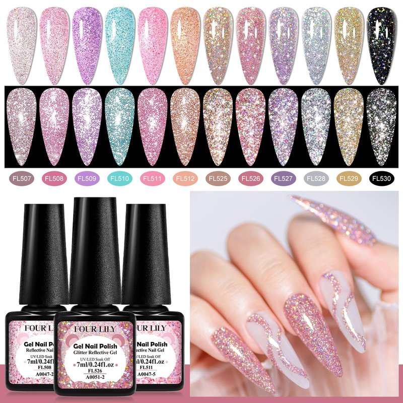 Four Lily 12 Pcs Reflective Glitter Gel Nail Polish, Shimmery Gel Polish Set Sparkly Shiny Gel Soak Off UV LED Nail Art Varnish Manicure Kit DIY at Home