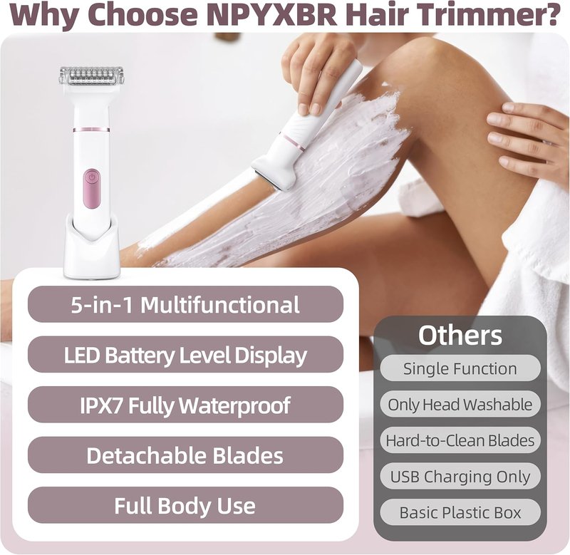 5-in-1 Bikini Trimmer for Women - IPX7 Waterproof Electric Shaver with LED Display | Rechargeable Hair Removal, 5 Ceramic Blades