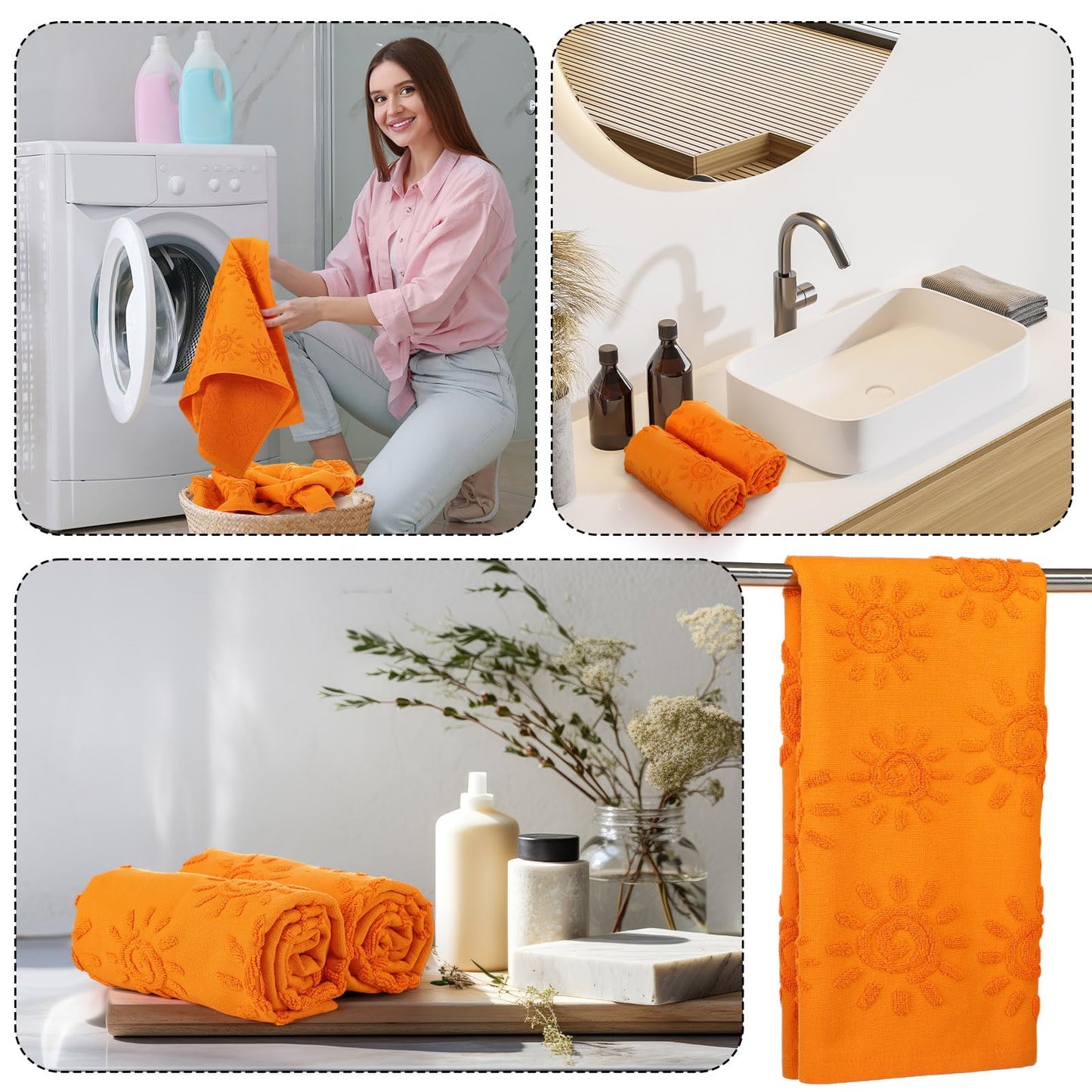SmoothNovelty 2 Pcs Boho Hand Towels Orange Yellow Towels for Bathroom Sunshine Cotton Absorbent Jacquard Weave 3D Sun Kitchen Decor for Gift Christmas Drying Cleaning Cooking(Orange)