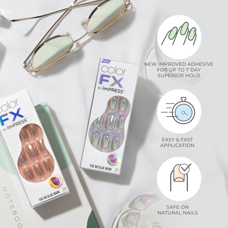Kiss Impress No Glue Press-On Nails - Color FX 'Dimension' | Short Squoval Shape, 30 Nails & Accessories