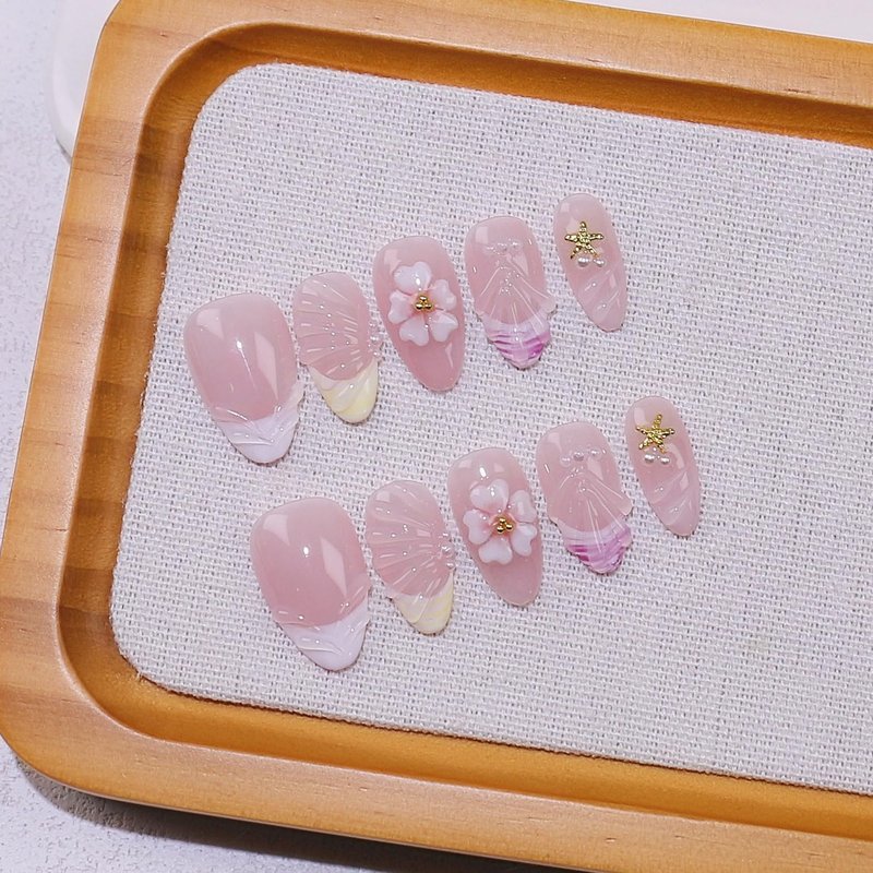 10 Short Almond Handmade Press On Nails | 3D Floral Gradient Color with Cute Starfish & Seashell,New styles for Autumn & Winter | Skip Salon Trips, Easy to Apply & Remove, Reusable (SeafishA02, XS)