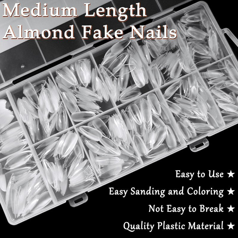 AddFavor 600pcs Almond Nail Tips Medium Fake Nails - Soft Gel Nail Tips Almond Shape Clear Acrylic Nails Tips for Nail Extensions, 12 Sizes Gel Nails Press ons Manicure Salon Home DIY