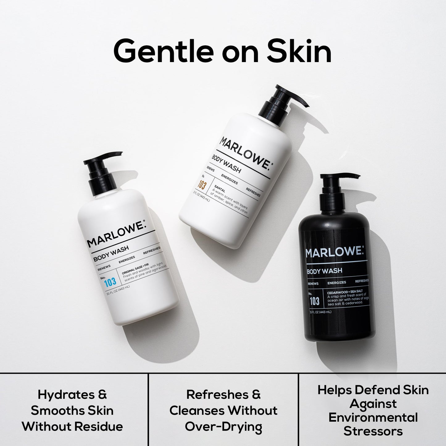 MARLOWE. Men's Body Wash, 15 oz Pump, Energizing & Refreshing Shower Gel, Moisturizes & Nourishes, Clean Vegan Formula with Willow Bark & Green Tea Extracts, Fresh & Zesty Cedarwood + Sea Salt Scent