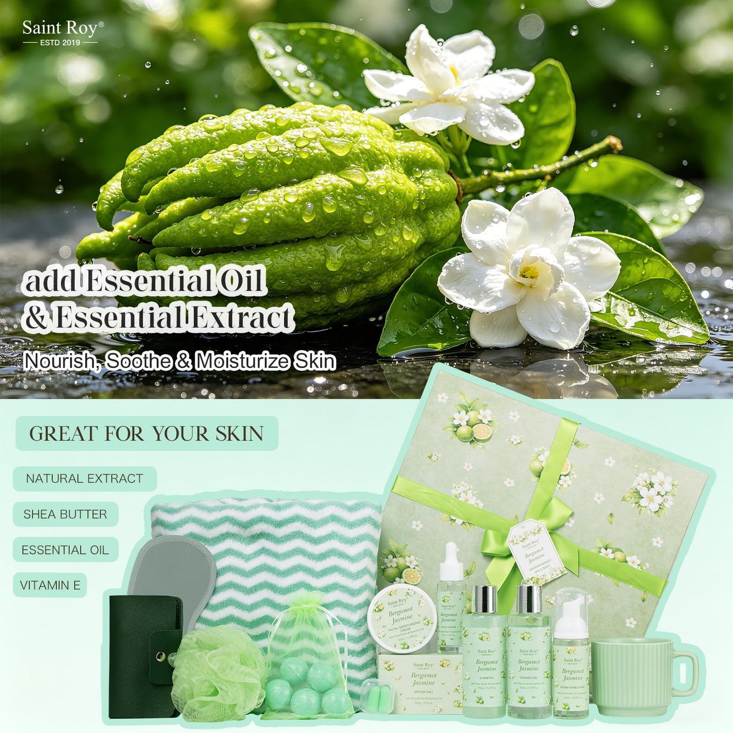 30 Pcs Spa Gifts for Women & Men, Bergamot Jasmine Bath & Body Gift Basket, Self-Care Relaxation Set, Face Skin Care Kit, Home Spa Gift, Birthday, Christmas, Mother's Day, Anniversary, Cup spa kit