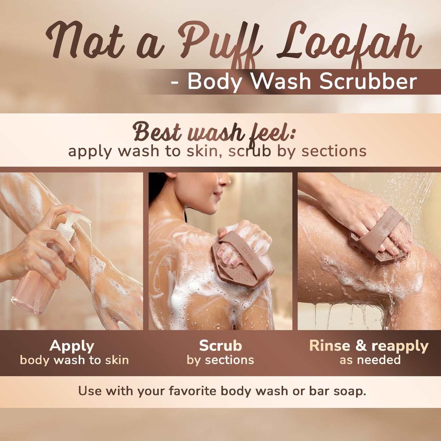 SILKLE Silicone Body Scrubber – Gentle Exfoliating Shower Scrubber for Body & Bath, Silicone Shower Brush & Loofah Alternative – Non-Slip Silicone Body Brush, Quick Dry, Hygienic - Brown