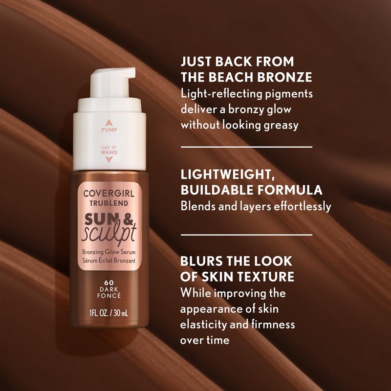 COVERGIRL TruBlend Sun & Sculpt Bronzing Glow Serum, Buildable, Radiant Glow, Wand and Pump Applicator - 40 Medium